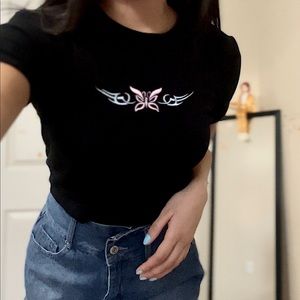Bershka Black baby tee shirt with butterfly embroidery